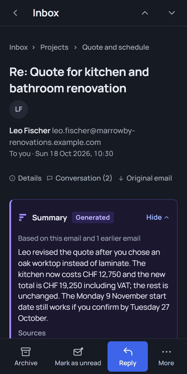The same email on a 320-pixel-wide phone screen in dark mode, with its summary above the original. Invented emails.