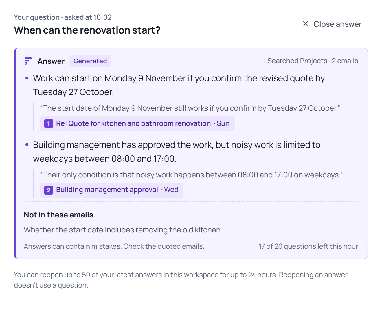 Ask’s answer to “When can the renovation start?”: each point quotes an email, plus what the emails don’t say. Invented emails.
