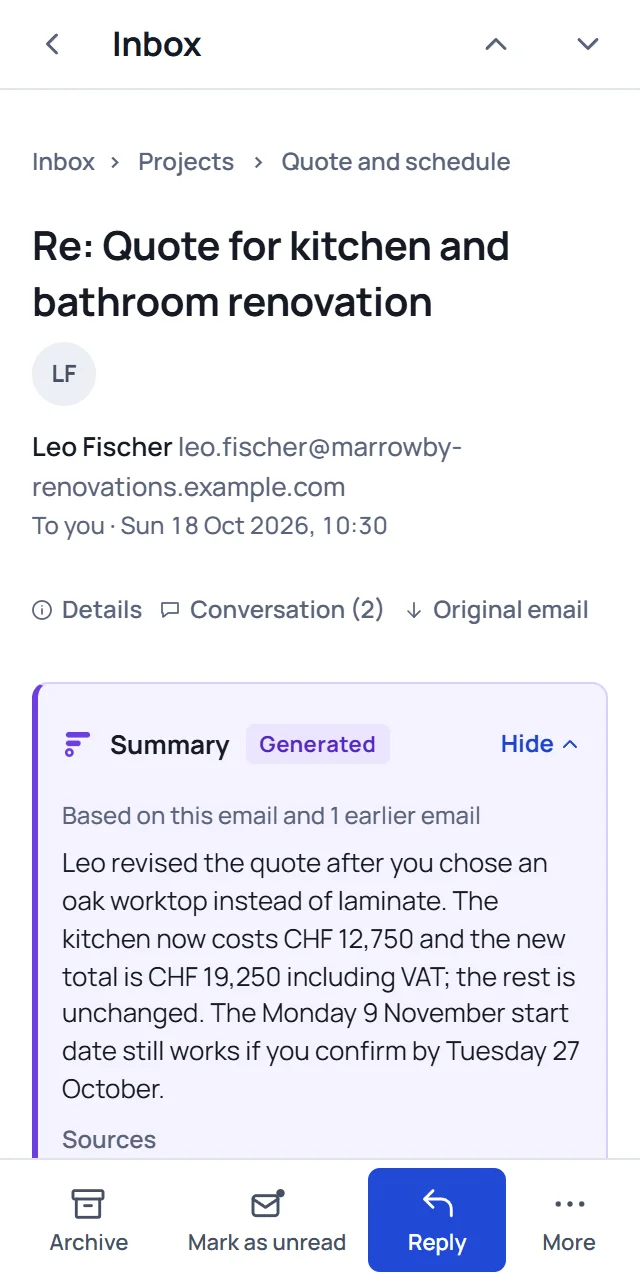 The same email on a 320-pixel-wide phone screen in light mode, with its summary above the original. Invented emails.