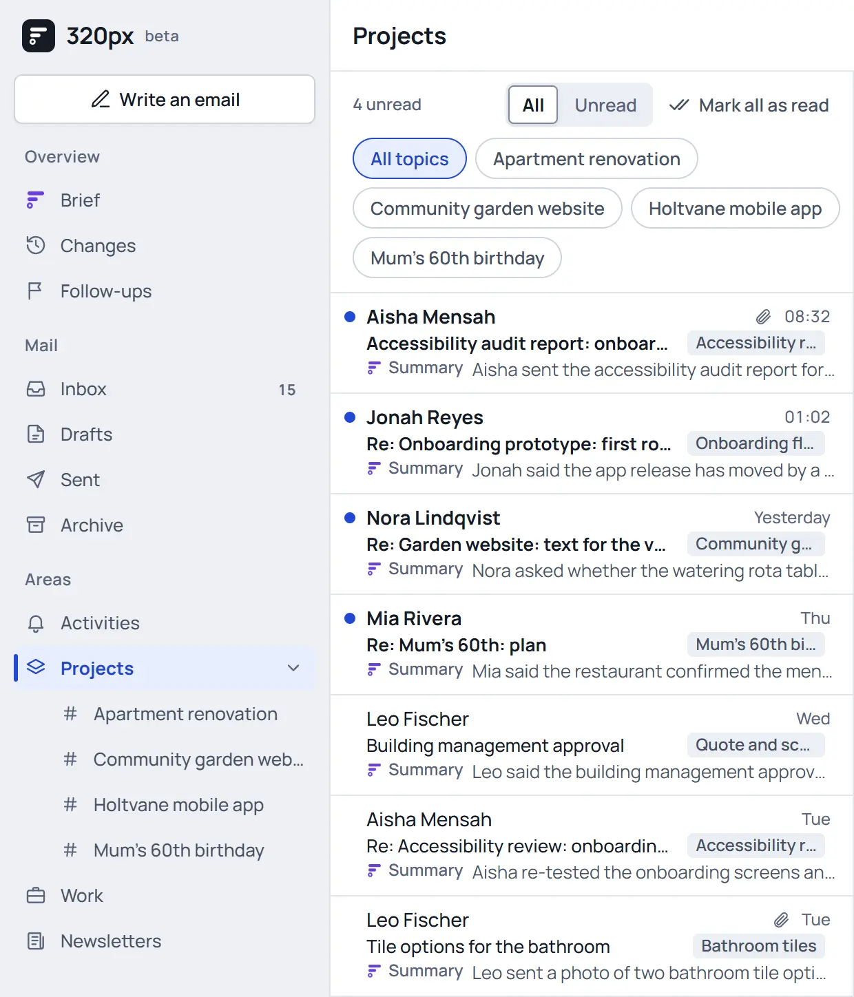 The Projects area in 320px: topics such as Apartment renovation in the sidebar, and emails each with a topic label. Invented emails.