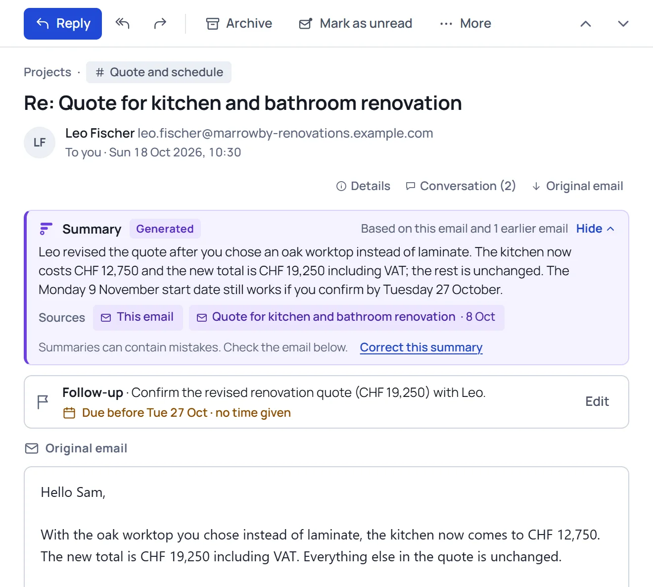 An email in 320px with a generated summary above it that links to one earlier email, and the original email below. Invented emails.